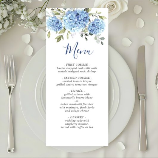 Menu Elégante aquarelle bleu Hydrangea Mariage
