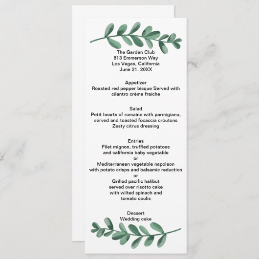 Menu Elégante Aquarelle classique Vert Feuille Mariage (Devant / Derrière)