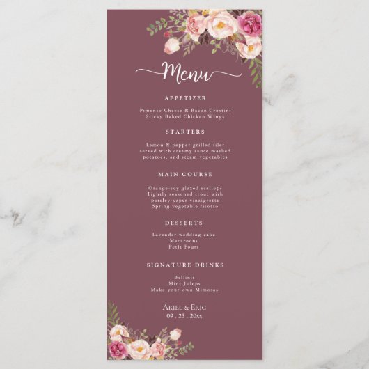 Menu Elégante aquarelle Floral Blush Mariage rose (Devant)