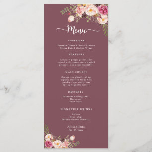 Menu Elégante aquarelle Floral Blush Mariage rose