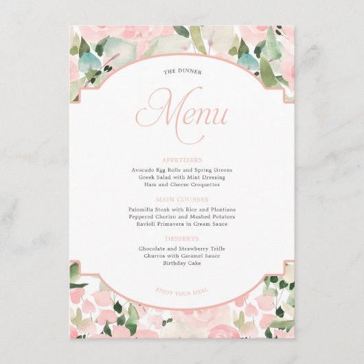 Menu Elégante aquarelle florale Blush Pink Party (Devant)