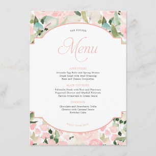 Menu Elégante aquarelle florale Blush Pink Party