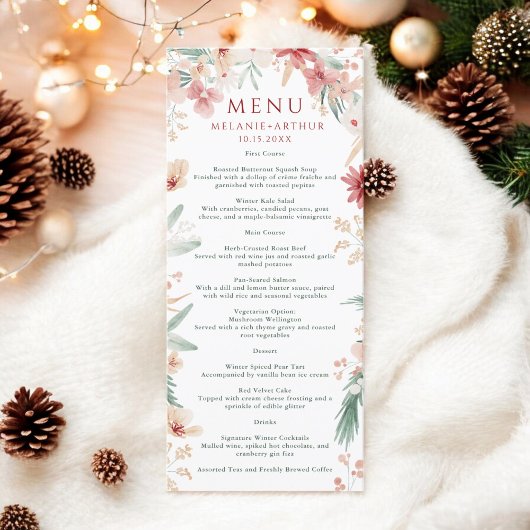 Menu Elégante aquarelle Florale Mariage de Noël d'hiver