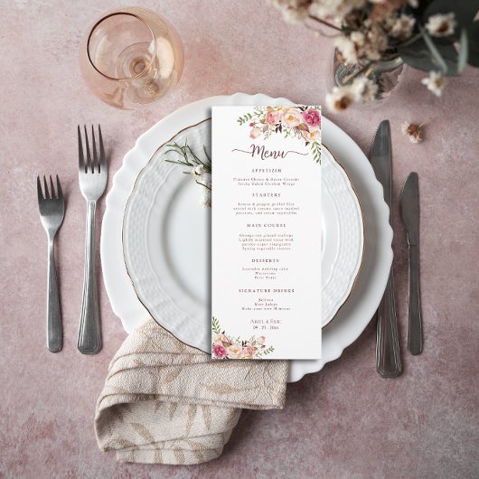 Menu Elégante aquarelle rose pâle Mariage floral