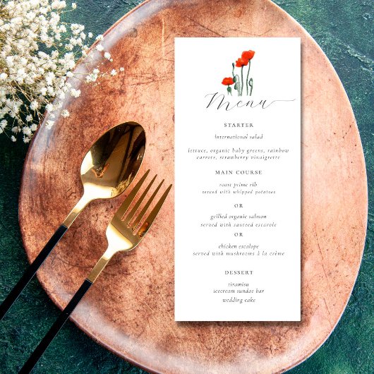Menu Elégante aquarelle simple Rouge Mariage floral