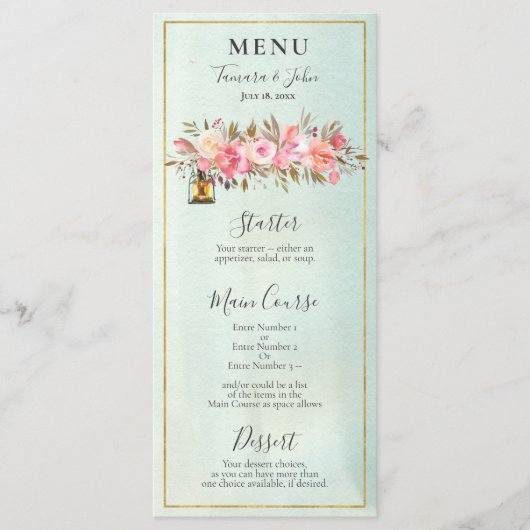 Menu Elégante aquarelle verte Rose or fleurs lanternes (Devant)