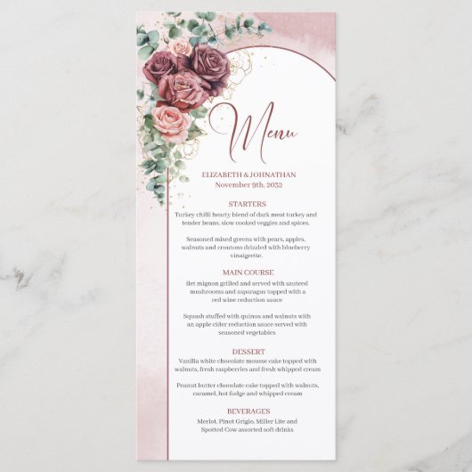 Menu Elégante arche aquarelle bleu bordeaux mariage (Devant)