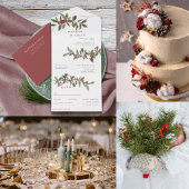 Menu Elégante Baies d'hiver Rouge Vert Aquarelle