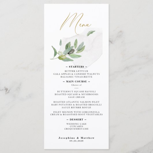 Menu Élégante branche d'olivier botanique en écriture c (Devant)