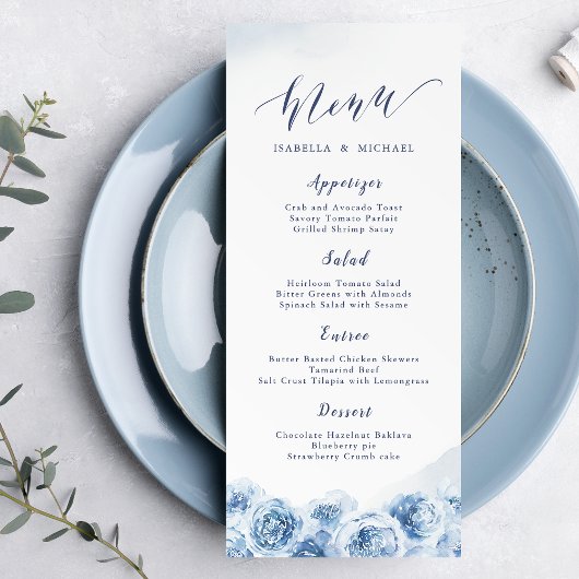 Menu Elégante calligraphie bleu aquarelle mariage flora