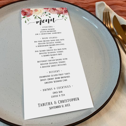 Menu Élégante calligraphie, Bourgogne et Roses de Blush