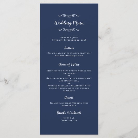Menu Élégante calligraphie de mariage Chic Navy Blue Di (Devant)