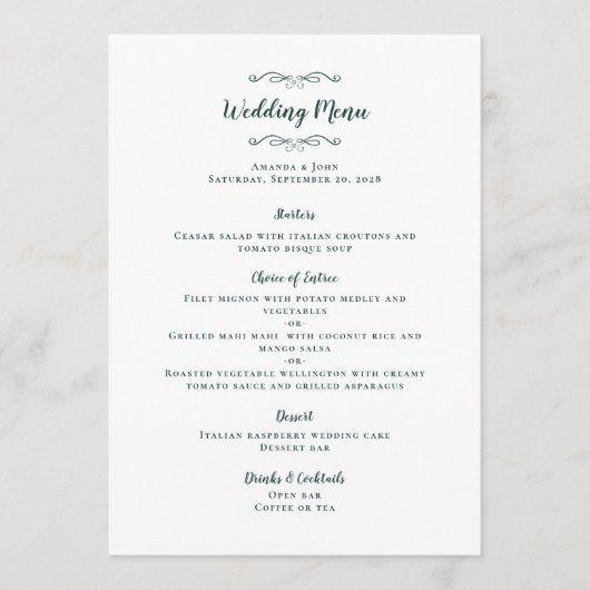 Menu Élégante calligraphie de mariage Emerald Green Din (Devant)