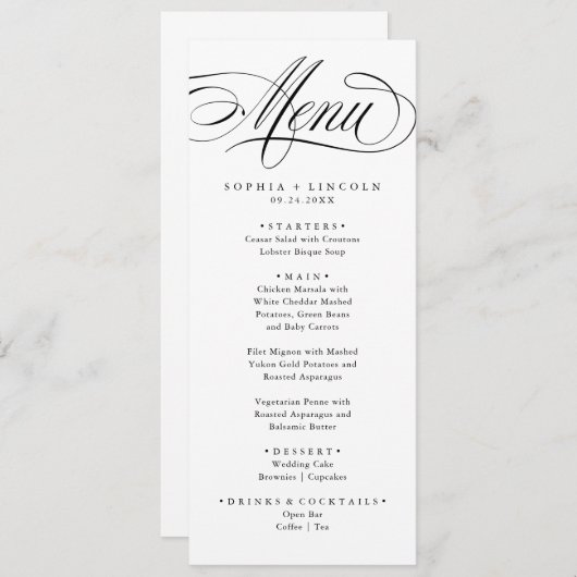 Menu Élégante calligraphie écriture à l'américaine (Devant / Derrière)