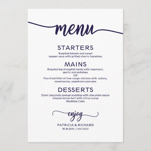 Menu Élégante calligraphie Marine Blue Script Mariage M (Devant)
