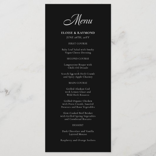Menu Élégante calligraphie minimaliste Mariage noir (Devant)