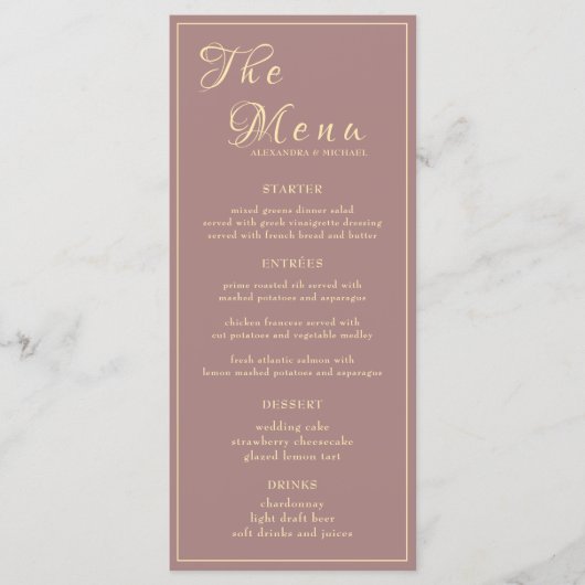 Menu Elégante Calligraphie Or Mariage Dîner Réception (Devant)