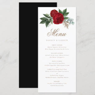 Menu Élégante calligraphie or rouge floral noir et blan