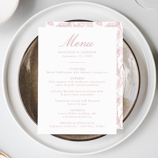 Menu Élégante Chinoiserie Rose Victorian Floral Mariage