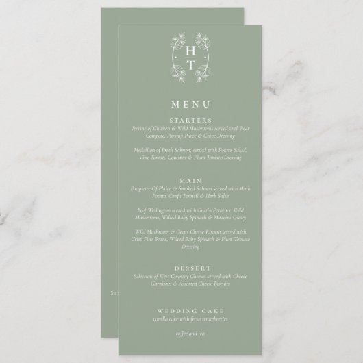 Menu Élégante crête florale Monogramme Sage Mariage ver (Devant / Derrière)