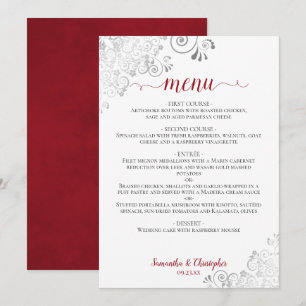 Menu Elégante dentelle argentée Mariage rouge et blanc