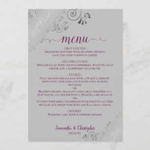 Menu Elégante dentelle argentée pourpre sur Mariage gri