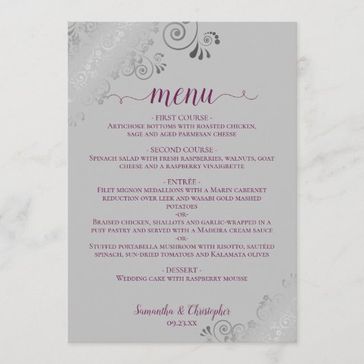 Menu Elégante dentelle argentée pourpre sur Mariage gri (Devant)