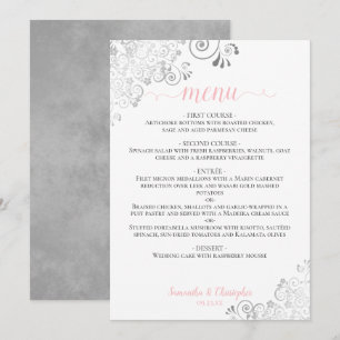 Menu Elégante dentelle argentée rose & gris sur Mariage