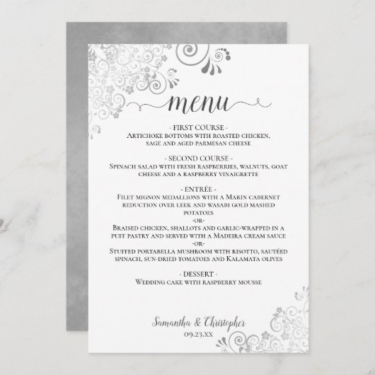 Menu Elégante dentelle argentée sur Mariage blanc chic (Devant / Derrière)