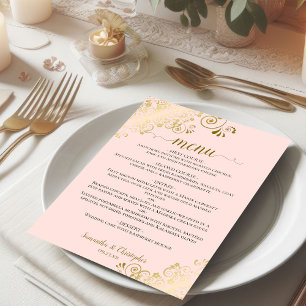 Menu Elégante dentelle d'or sur Mariage rose pâle