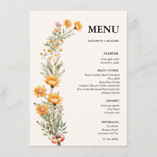 Menu Élégante Fête des mariées mariage Fleur sauvage de (Devant)