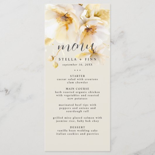 Menu Elégante Fleur Blanc Or Mariage Sable (Devant)