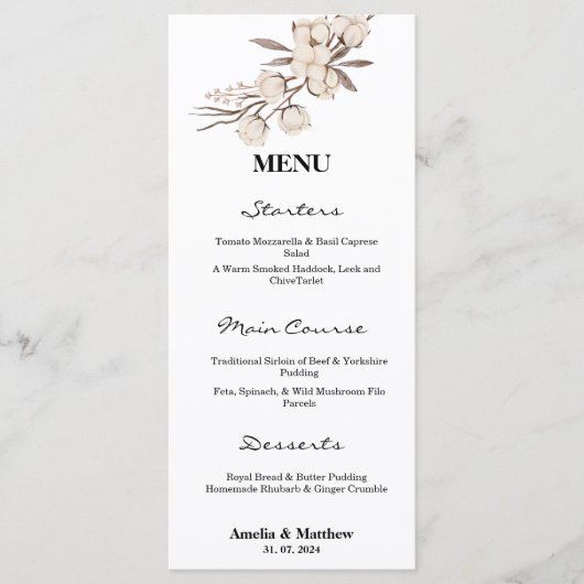 Menu Elégante Fleur de coton noir et blanc Mariage (Devant)