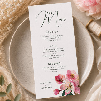 Menu Élégante Fleur de mariage rose corail à l'aquarell
