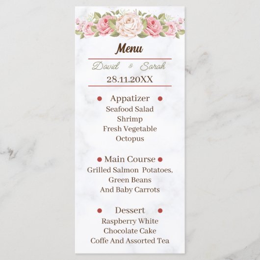 Menu Élégante Fleur Rose Custom Wedding Diner (Devant)