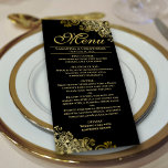 Menu Elégante frites dorées sur Mariage noir<br><div class="desc">Ce beau menu ajoutera un peu de style à votre réception de mariage. Il présente un design magnifique avec des boucles dorées et des tourbillons sur un arrière - plan noir classique. Il y a de l'espace pour les noms du couple et la date du mariage, et le texte est...</div>