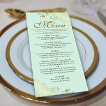 Menu Elégante frites dorées sur Mariage vert Mint<br><div class="desc">Ce beau menu ajoutera un peu de style à votre réception de mariage. Il présente un design magnifique avec des boucles dorées ornées et des tourbillons sur un arrière - plan de couleur vert menthe pâle. Il y a de l'espace pour les noms du couple et la date du mariage,...</div>