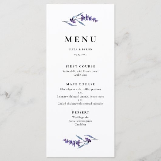 Menu Élégante lavande florale (Devant)