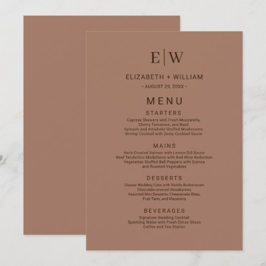 Menu Elégante Mocha Mousse simple avec Mariage Monogram (Devant / Derrière)