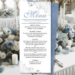 Menu Elégante perruque bleu argent Dusty sur Mariage bl<br><div class="desc">Ce beau menu ajoutera un peu de style à votre réception de mariage. Il présente une belle conception avec des boucles et des tourbillons en faux feuille gris argenté ornés sur un arrière - plan blanc classique, avec un texte bleu poussiéreux et un dos bleu foncé marbré. Il y a...</div>