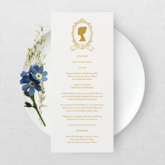 Menu Élégante réception de mariage bleu et or de l'ère
