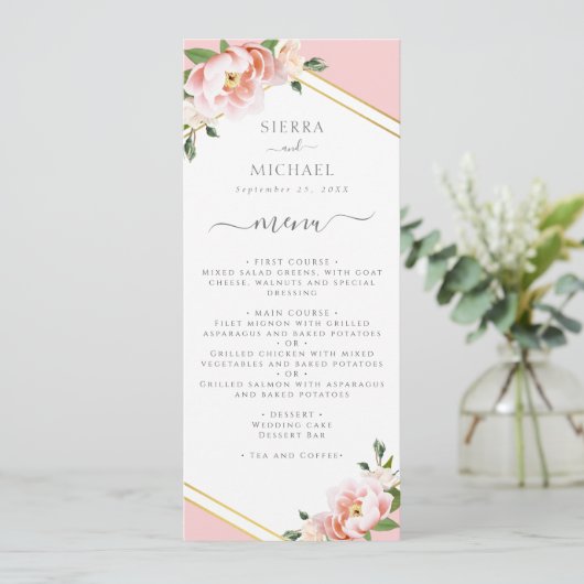 Menu Elégante Réception de mariage Floral Rose Pink Or (Debout devant)