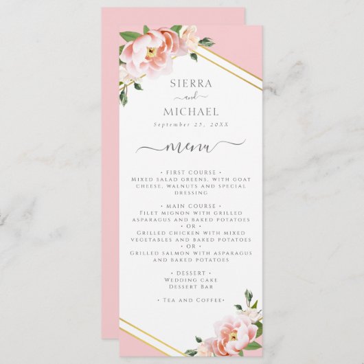 Menu Elégante Réception de mariage Floral Rose Pink Or (Devant / Derrière)