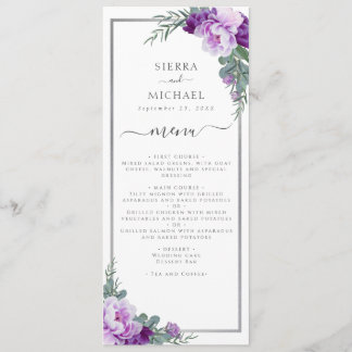 Menu Elégante Réception de mariage florale violet et ar