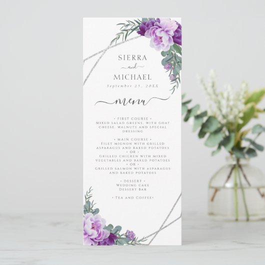 Menu Elégante Réception de mariage florale violet et ar (Debout devant)