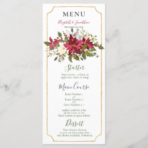 Menu Elégante Réception de Noël Florale Rouge Poinsetti
