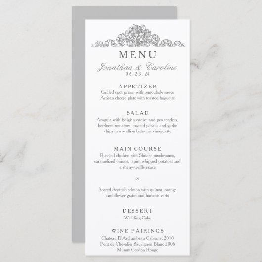 Menu Elégante Réception Versailles Gris (Devant / Derrière)