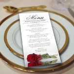 Menu Élégante Rose rouge avec Mariage de Réflexions<br><div class="desc">Ce beau menu ajoutera un peu de style à votre réception de mariage. Il présente un design magnifique et romantique avec une seule rose rouge couchée sur son côté, se reflétant dans un bassin d'eau avec vagues et ondulations. Il y a de l'espace pour les noms du couple et la...</div>