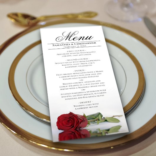 Menu Élégante Rose rouge avec Mariage de Réflexions