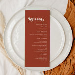 Menu Élégante terre cuite rétro Mangeons mariage<br><div class="desc">Mangeons ! menu mariage ou réception. Un thème rétro chic : adoptez ce design typographique légèrement vintage et élégant pour votre papeterie mariage,  avec un thème orange brûlé,  terre cuite,  sucre brun et rose pêche. Texte,  couleurs et arrière - plans entièrement personnalisables.</div>